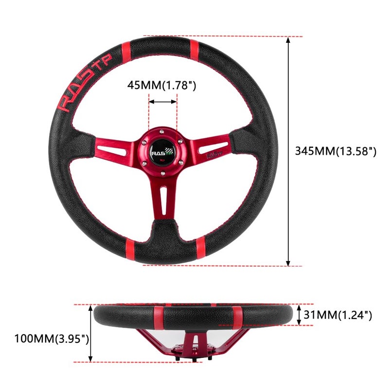 RASTP Universal Racing Steering Wheel,Deep Dish Steering Wheel Leather Embroidery 13.58â€/345mm 6 Bolts with Horn Button Include Cable, Wrench,Red - Image 5
